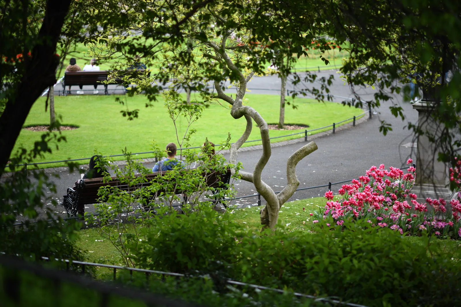Benches beside a broad surfaced path in St Stephen’s Green, Dublin